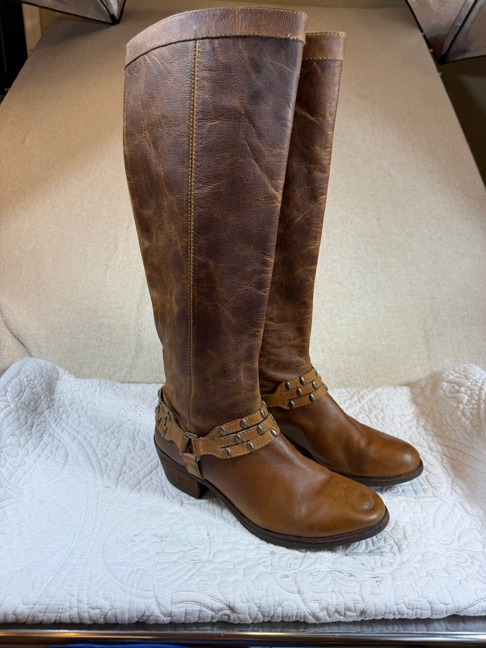 Antonio Melanie Womens Tan 8M Tall Leather Side Zip Riding Boots Classic Comfort